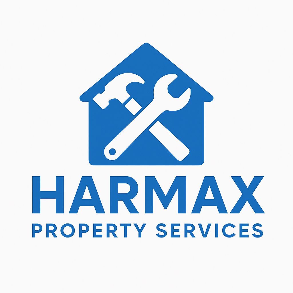 Logo featuring a house outline with a hammer and wrench crossed inside, labelled "HARMAX Property Services."